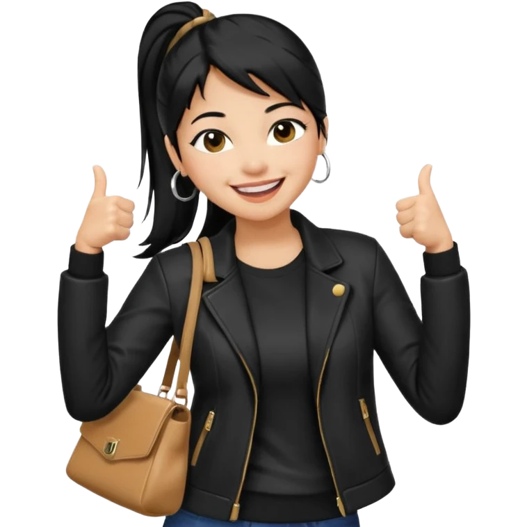 A girl with a pony tail black hair and Asian tan skin, Asian eyes, with a black jacket and a black purse, laughing with arms crossed giving a thumbs up  emoji