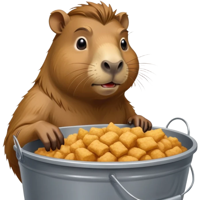 Muscular capybara with Johnny Depp features, goatee, long hair, sitting in a KFC bucket emoji