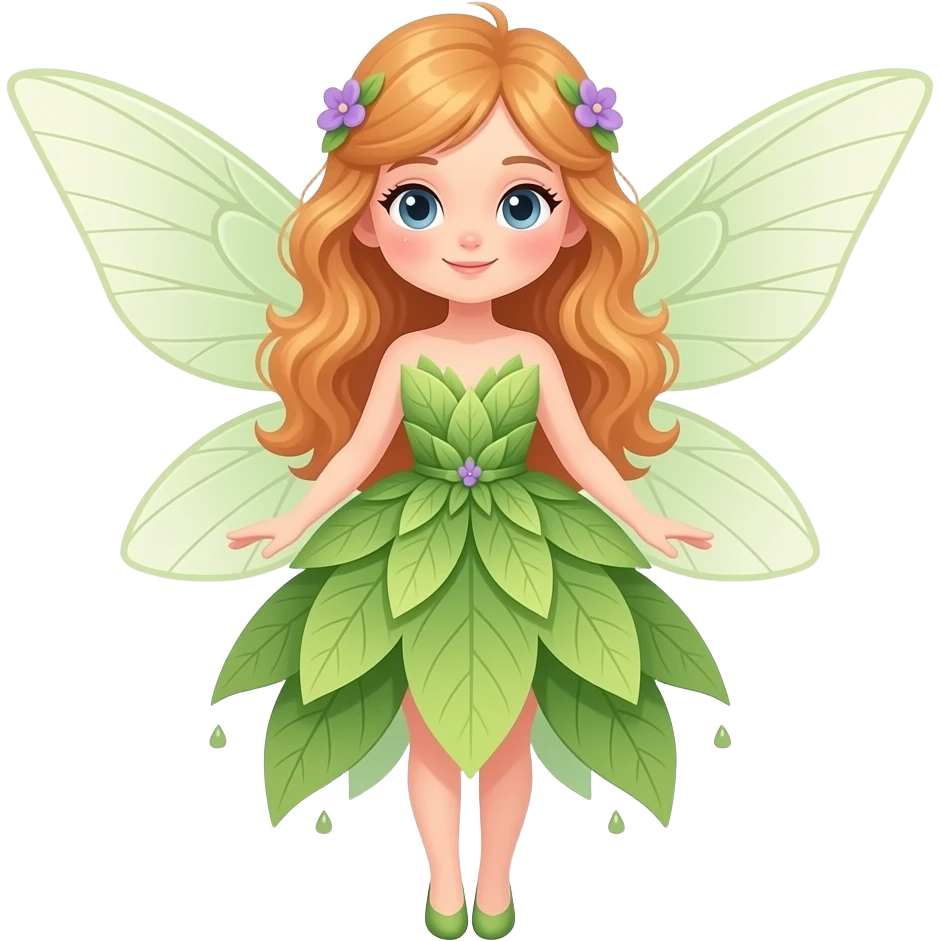 A cute elegant garden fairy in a soft green and warm orange color palette, with delicate translucent wings, a flowing leaf-and-petal dress, rosy cheeks, and tiny lilac accents. emoji
