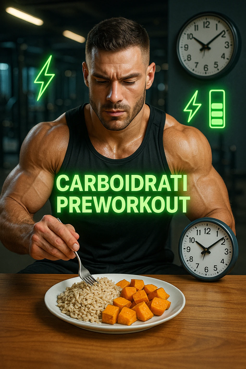 Uomo atletico seduto al tavolo poco prima di andare in palestra, mentre mangia una porzione di riso integrale e patate dolci con un’espressione consapevole e concentrata. Sullo sfondo si intravede la palestra. Sopra al piatto c’è una scritta luminosa 'Carboidrati preworkout'. Accanto a lui, un orologio indica che mancano 45 minuti all’allenamento. Il suo corpo appare pronto, i muscoli sono pieni e ben vascolarizzati, e sullo sfondo ci sono icone simboliche di energia (es. fulmini, barre di energia verdi). Atmosfera motivante e piena di vitalità. in italiano emoji