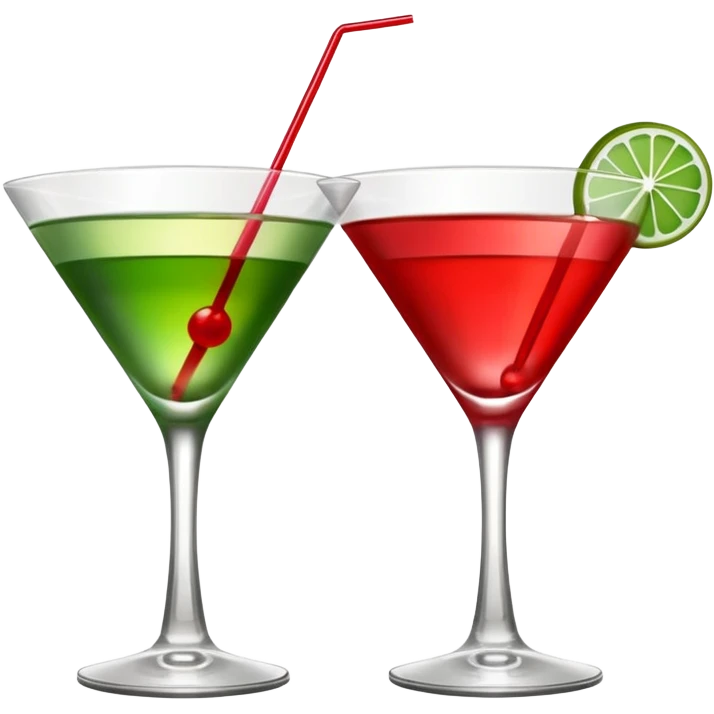 two realistic glasses of cocktail in emoji style, one is red color and one is green, martini glass shape, no straw, no fruit, no ice emoji