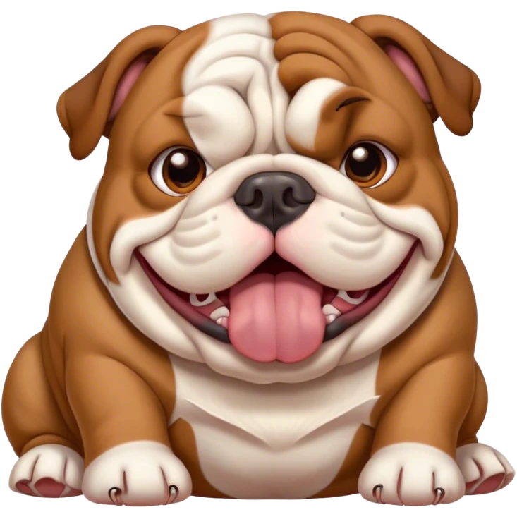 Cinematic Cute Yawning Brown and White English Bulldog Portrait Emoji, Head tilted slightly with a dramatic, wide-open yawn, showcasing a smooth brown and white coat with a defined pattern, floppy ears slightly drooping, round brown eyes barely open in drowsy contentment, Simplified yet irresistibly adorable features, highly detailed, glowing with a soft, cozy glow, high shine, relaxed yet expressive, stylized with a touch of whimsy, bright and endearing, soft glowing outline, capturing the essence of a sleepy yet affectionate guardian, so drowsy it feels like it could stretch out of the screen and curl up for a nap! emoji