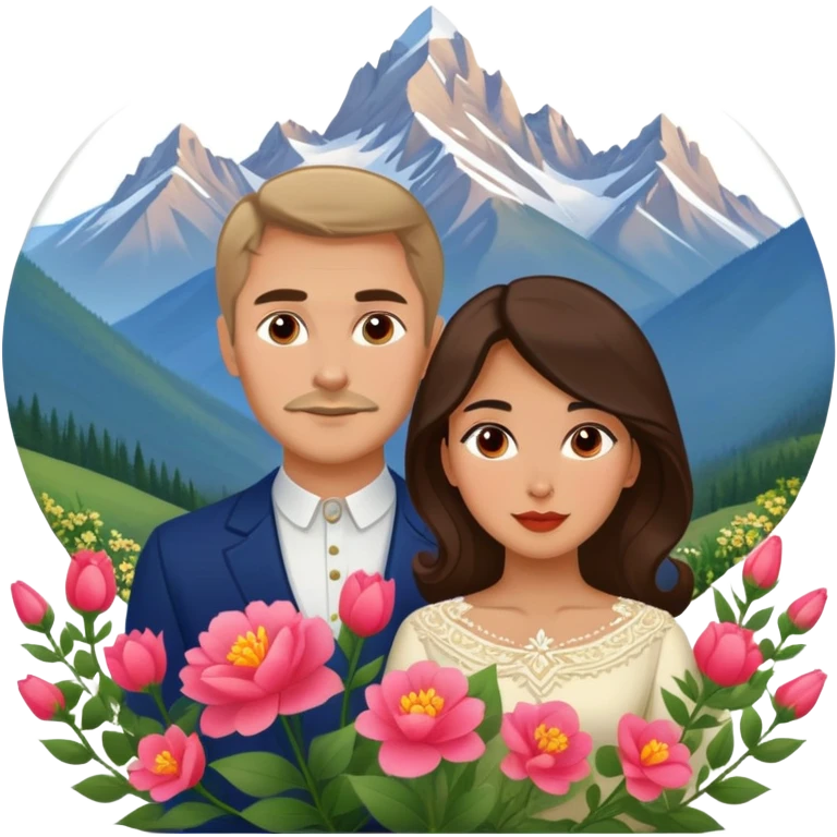 Couple traveling in Montenegro russian man and elegant  Latina girl delicate flowers and mountains in the background  emoji