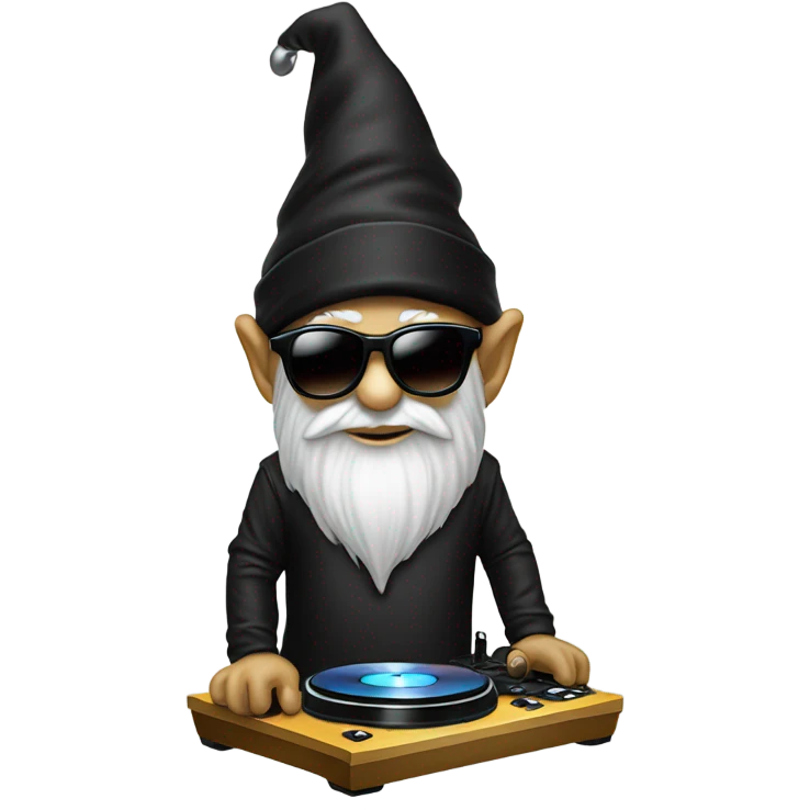 Focused Dj gnome wih sunglasses ad turntables wearing black emoji