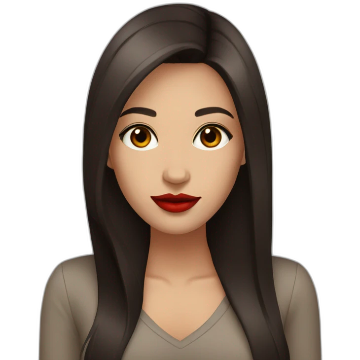straight long dark brown hair and brown eyes with red lipstick emoji