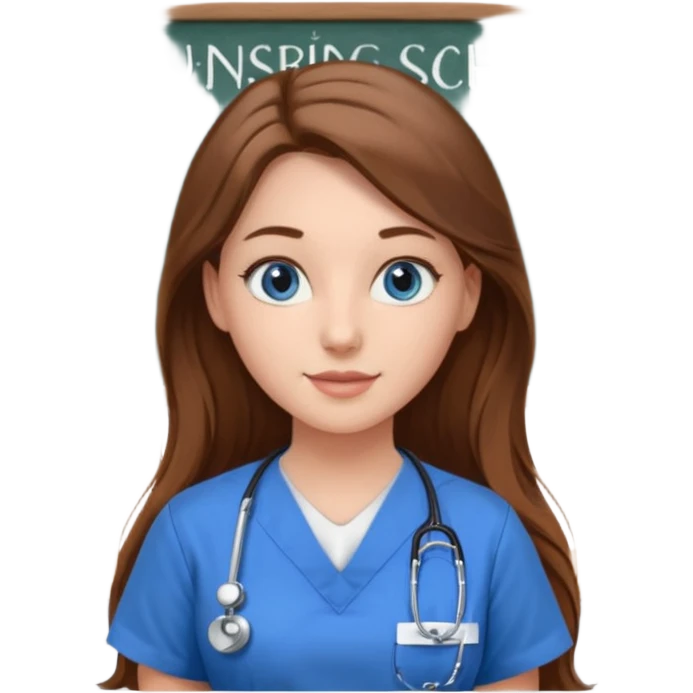 university classroom that says nursing school on the board with a pretty female nursing student with long brown hair, blue eyes emoji