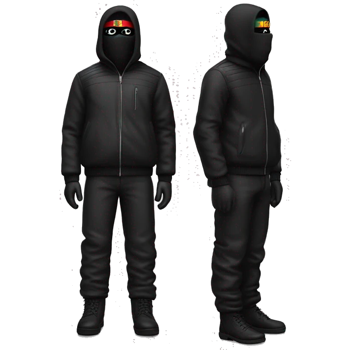 Generate ma a german roadmenwith a gucci bag an fullblack outfit and a ski mask standing full body + legs looking at the camera emoji