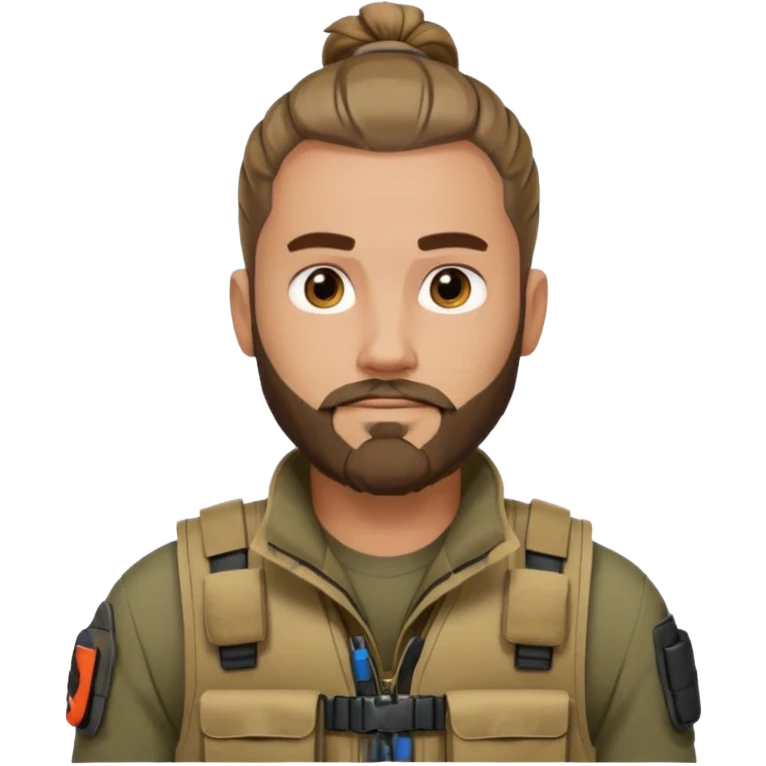man with a man bun and beard, wearing a tactical vest, no glasses emoji