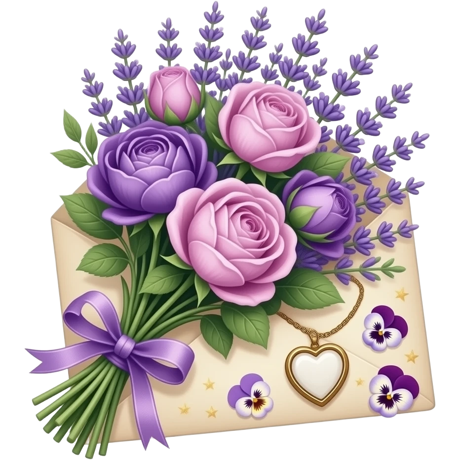 A vintage bouquet of lavender, mauve roses, and violet peonies rests on an aged love letter, tied with an amethyst ribbon. A small heart locket glows, with scattered pansies and faint golden stars adding a soft, celestial romance. emoji
