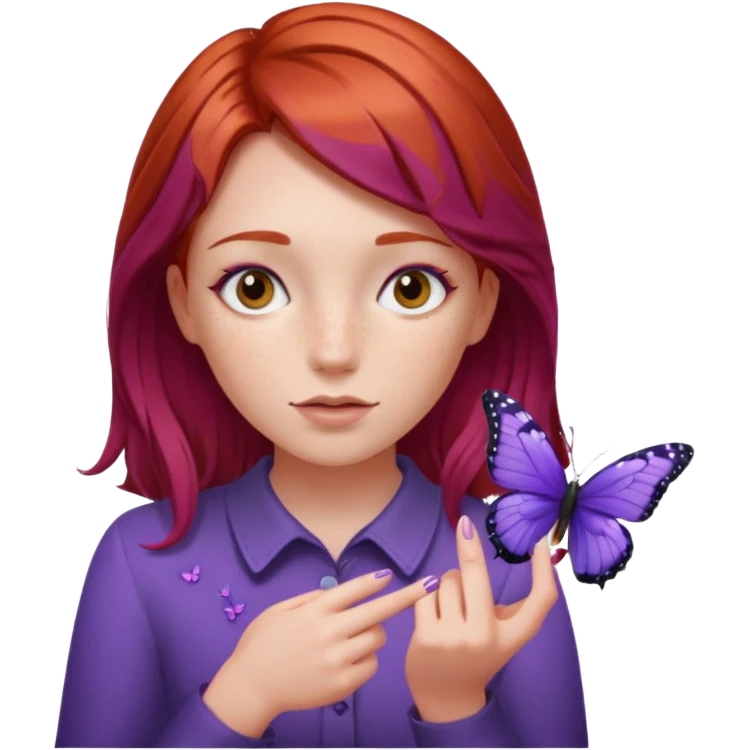 red haired girl finger holding purple butterfly - but her hands down emoji