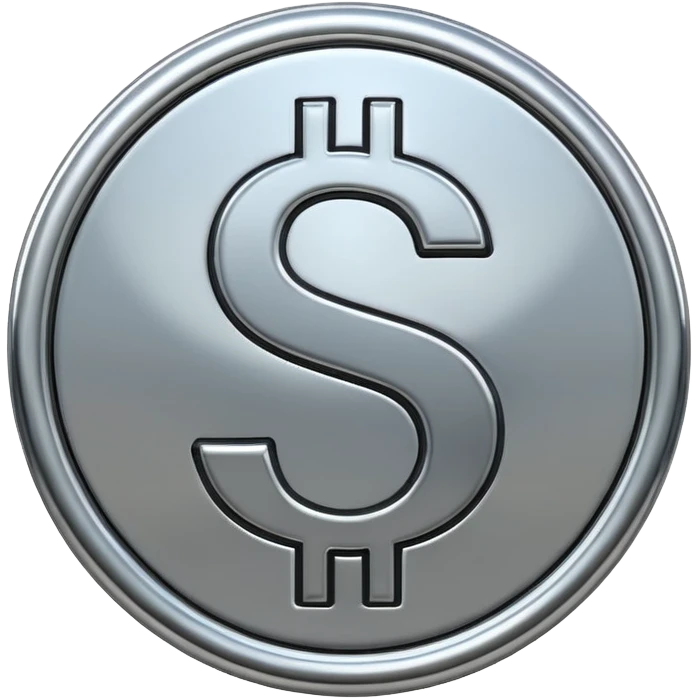 A double dollar sign emoji made of polished silver chrome, smooth metallic surface, glossy reflections, luxury swag vibe, minimal iOS emoji style, centered on white background emoji