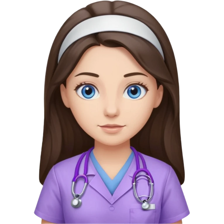 pretty brunette nurse with long hair and blue eyes in lilac scrubs emoji