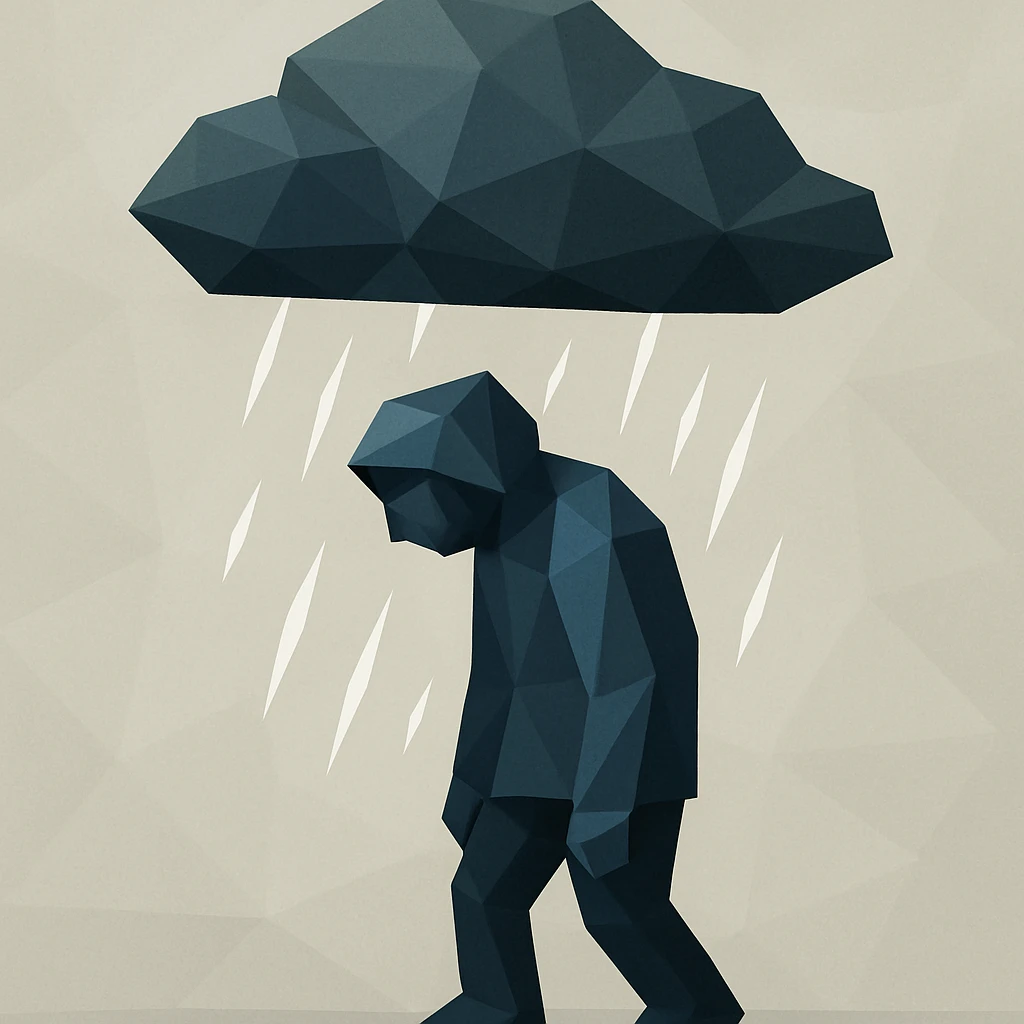 low-poly polygonal storm cloud over a figure in polygonal style emoji
