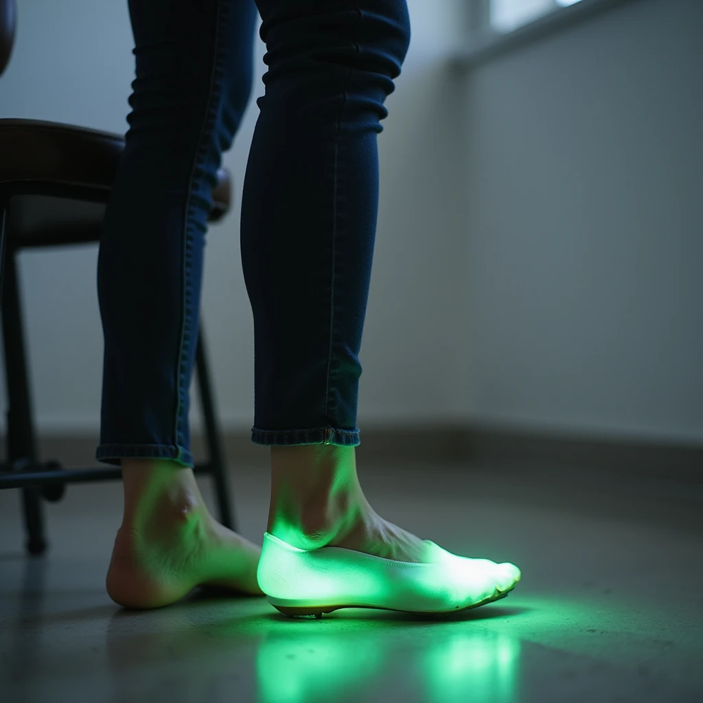realistic style woman standing up from chair without pain, orthopedic insole visible, foot with green glow, expression of relief, clinical environment emoji