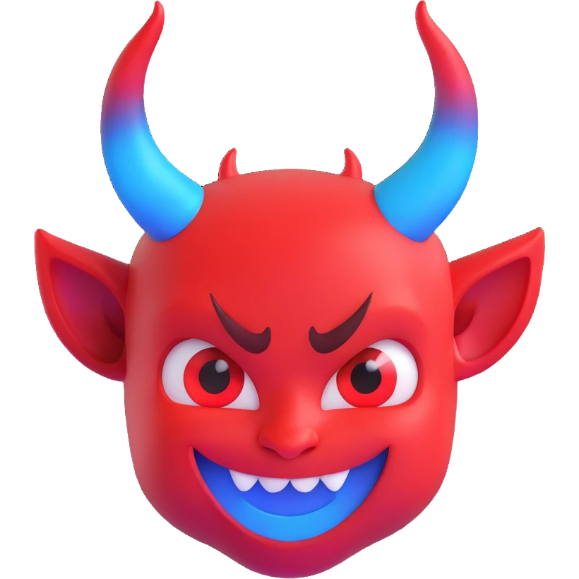 devil emoji with holographic effect, iridescent red and blue colors, small horns, mischievous grin, glowing highlights emoji