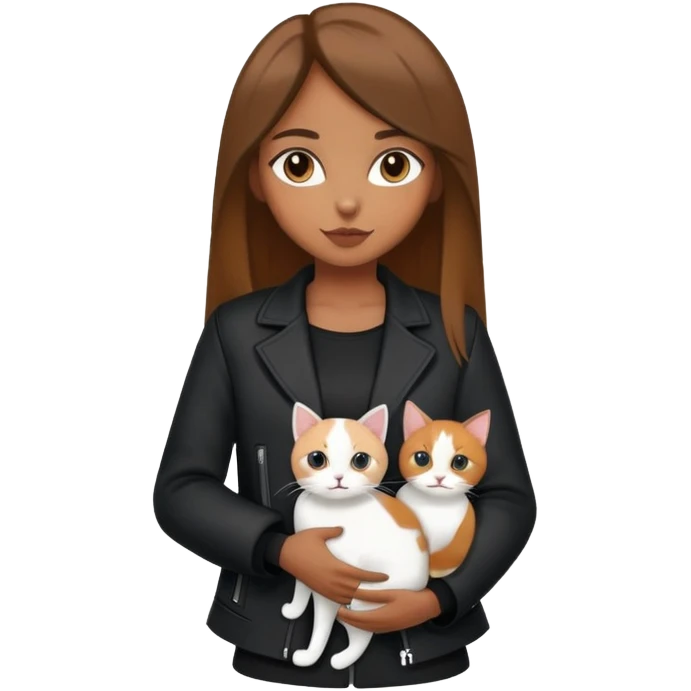 Brown straight-haired girl wearing black jacket with white cat and calico cat emoji