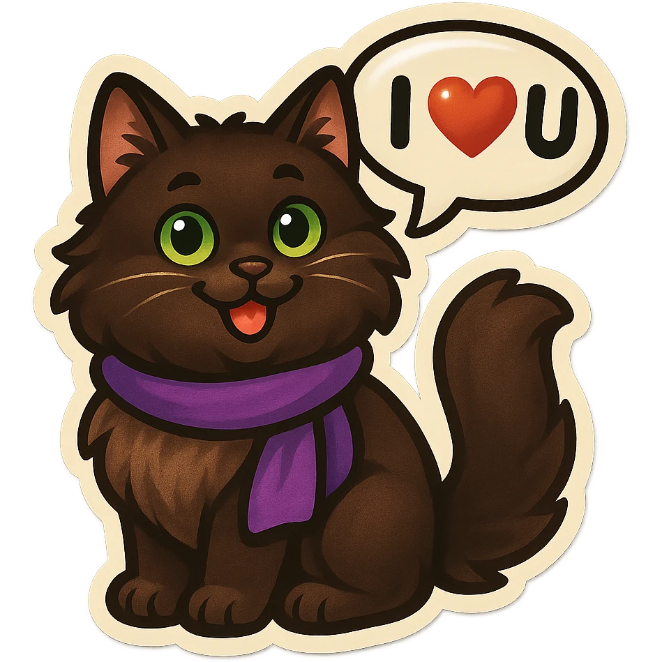 Fluffy happy smiling cute dark-brown cat with green eyes and a purple scarf saying ‘I ♡ U’ (with a speech bubble) emoji