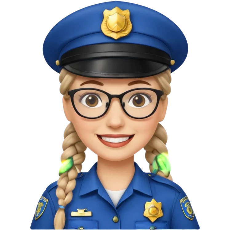 happy white woman police with braided hair wearing hat, glasses  emoji