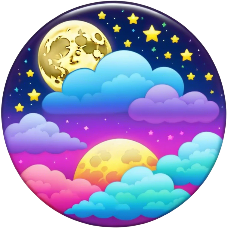 Beveled button with Neon rainbow colored damask style full moon with stars and clouds in the center emoji