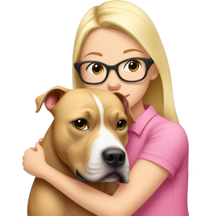 blonde haired girl with clear glasses and a pink shirt hugging a blonde American pit bull emoji