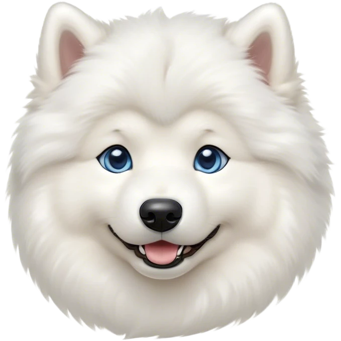 Cinematic Cute Samoyed Portrait Emoji, Head tilted playfully and inquisitively, featuring a fluffy, pristine white Fur with a natural sheen, round, sparkling blue eyes filled with curiosity, Simplified yet irresistibly adorable features, highly detailed, glowing with a warm, friendly glow, high shine, affectionate and lively, stylized with a touch of whimsy, bright and endearing, soft glowing outline, capturing the essence of a mischievous yet loving companion, so playful it feels like it could frolic out of the screen and into your arms! emoji