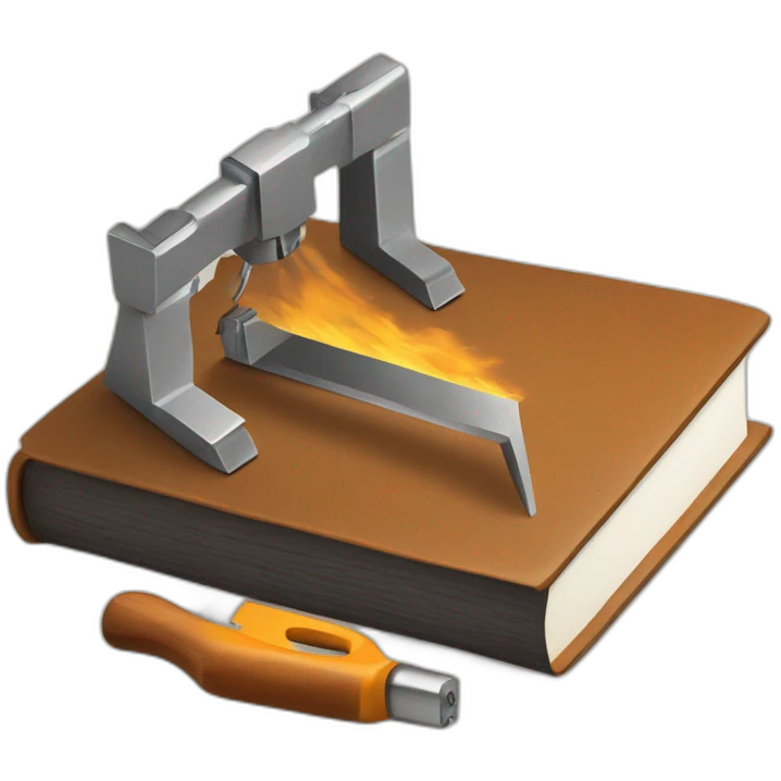 isometric thick BOOK with picture of wood, welder, leather, tools emoji