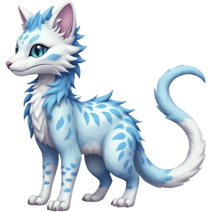 Kawaii whitish pastel divine realistic edgy fantasy feline-vernid-sergal-fursona animal creature with a tufted tail full body with intricate markings  emoji