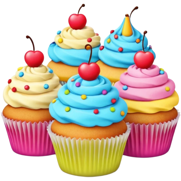 A 3D cartoon poster displayed on a wall, showing cupcakes with bright colors, clear text and borders, flat layout, realistic Memoji-style design. emoji