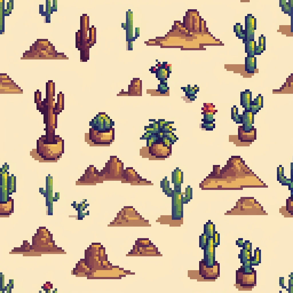 desert tile set with sand dunes, cacti, rocky formations, oasis with palm trees, desert shrubs, and ancient ruins emoji