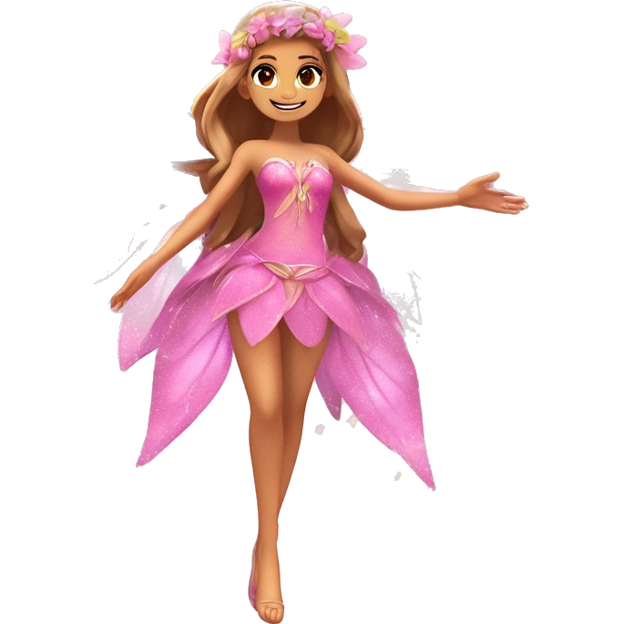 Flora the adult latina fairy of nature in her enchantix fairy pink clothing and fairy enchantix wings and long light brown hair from winx club. Small eyes, Lots of sparkles and fairydust. Full body and full fairy bliss emoji