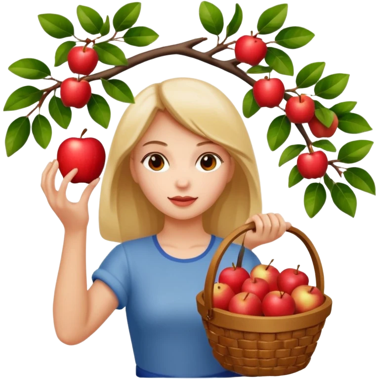 Girl picking an apple off a tree with a basket of apples emoji