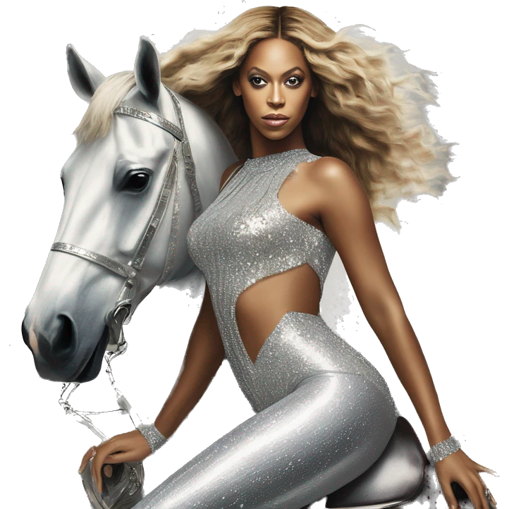 beyonce wearing silver crystal leotard sitting on silver horse renaissance album cover emoji