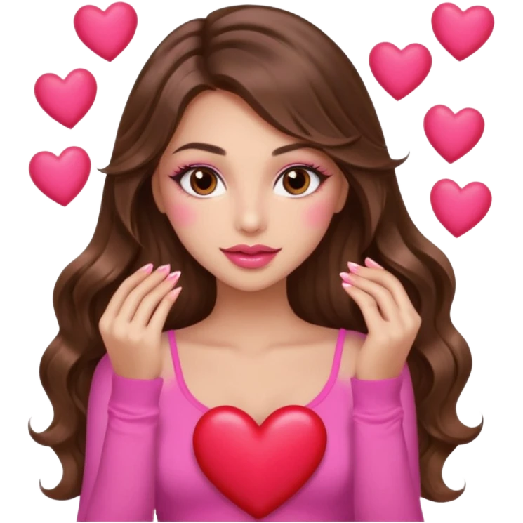 girl with long wavy brown hair, brown eyes, long lashes makeup, sexy pink lips, light to medium complexion, wearing a pink sexy top, many  hearts in hand emoji