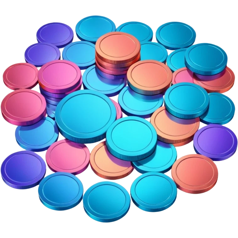 Many Coins pack 
in gradient of turquoise, blue, pink, purple, and coral
 emoji