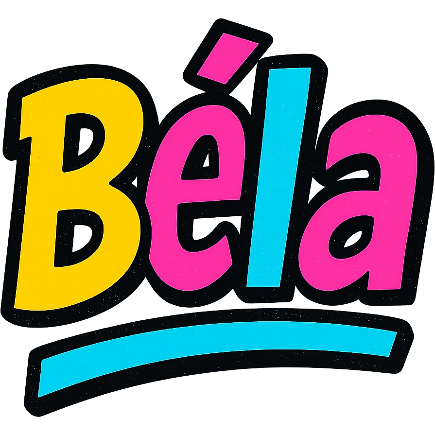 Béla name in modern colorful gradient font with dark outline, dynamic slanted or partial underline, in the style of reference patterns emoji
