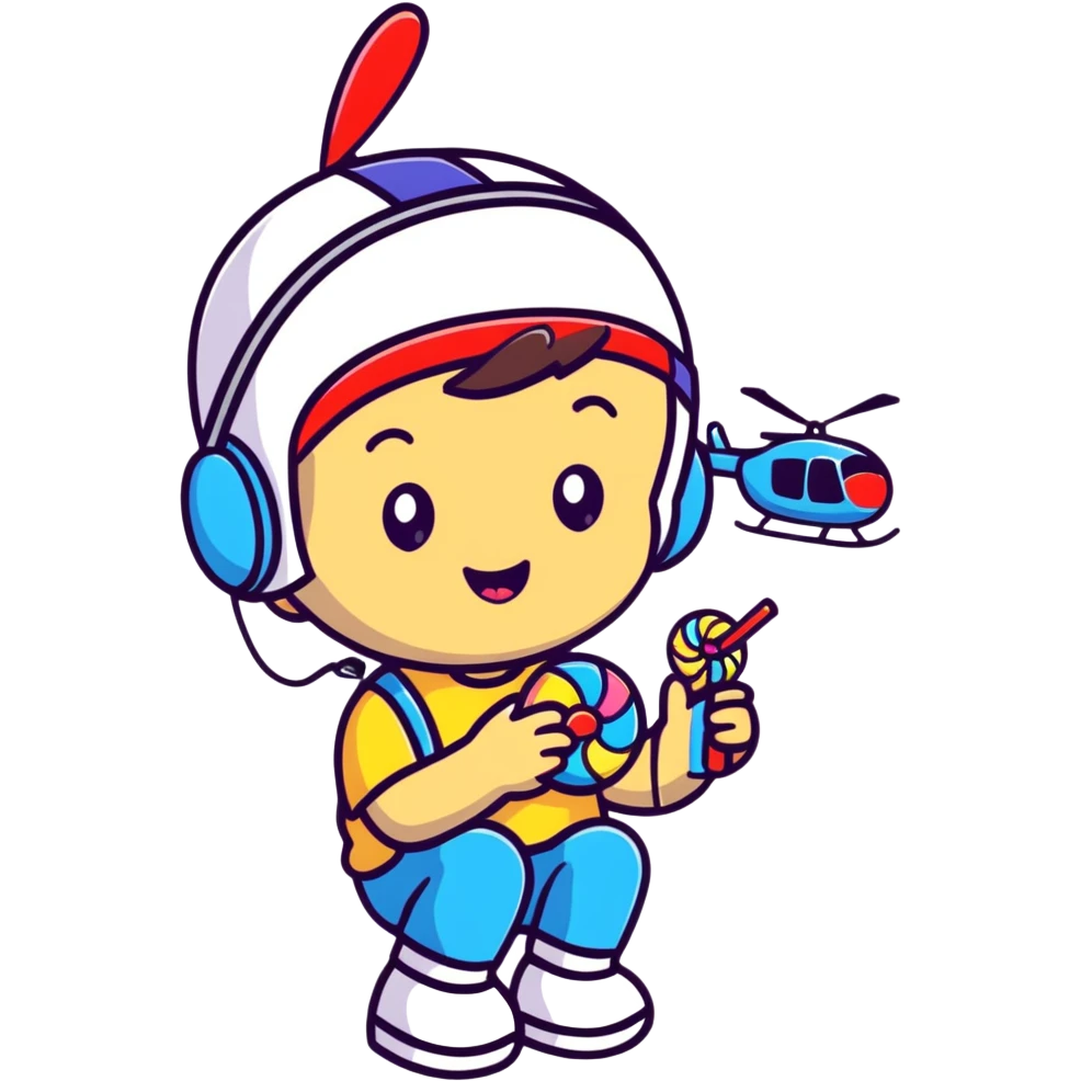 happy kid with helicopter hat eating candy emoji