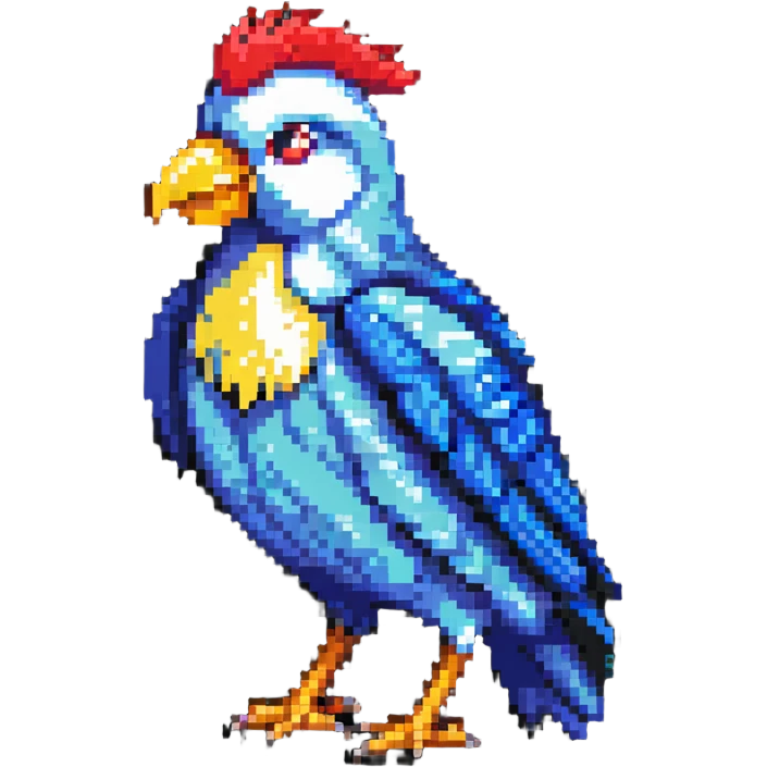 Bird with a red head, blue body, and a yellow beak emoji