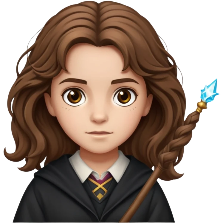 Hermione Granger with bushy brown hair and wand emoji