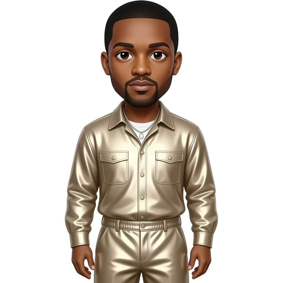 Kanye West with dark brown eyes, black hair, beige metallic shirt, beige metallic baggy pants, silver necklace emoji