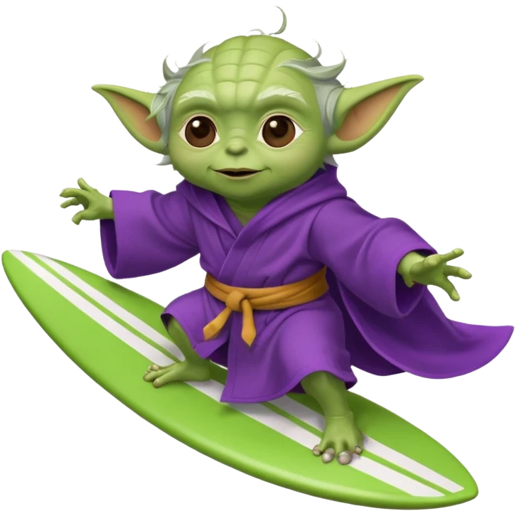 yoda in a purple robe flying in a rocket like surfing emoji