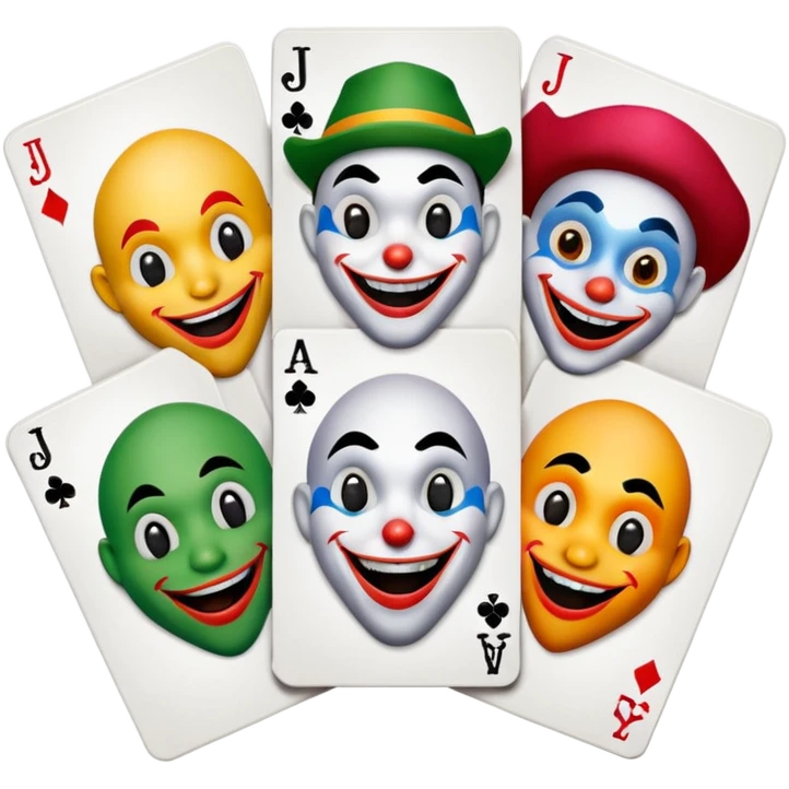 3 poker cards, with crazy colorful human jolly jokers inside, face only emoji