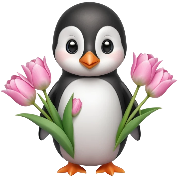 Cute baby penguin holding flower bouquet wraped in white paper and all flowers tulips in pink colour emoji
