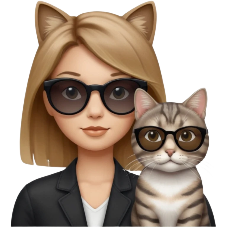 white woman with light brown ombre hair and grey tabby cat, both wearing black sunglasses, looking cool, smooth shading, rounded features, Apple emoji style emoji