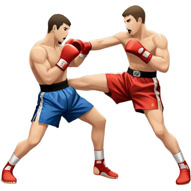An icon symbolizing kickboxing, featuring two fighters in the midst of an intense match. One throws a powerful roundhouse kick, while the other counters with a punch. The background shows a ring, with ropes and a cheering crowd. Transparent background highlights the action and strength emoji