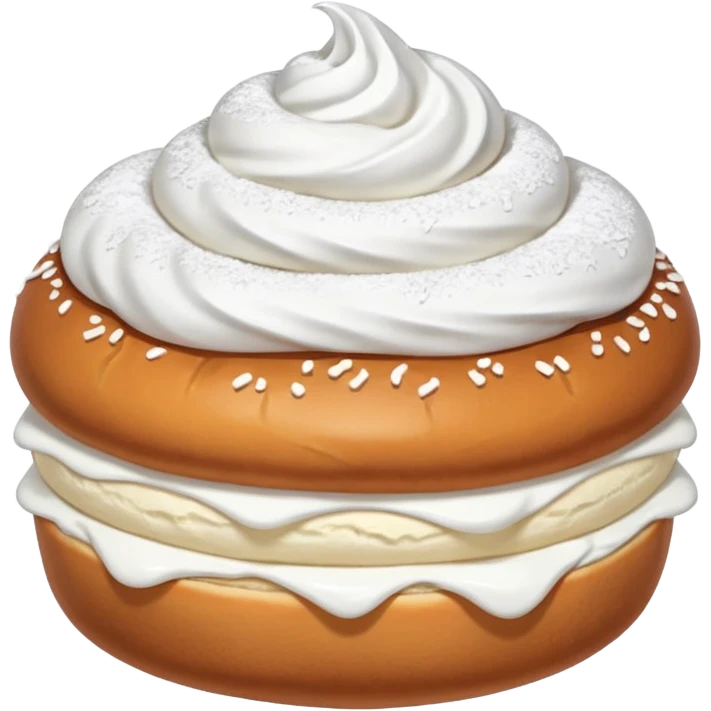 A bun with visible whipped cream in the middle beteween two bun halves and powdered sugar on top emoji