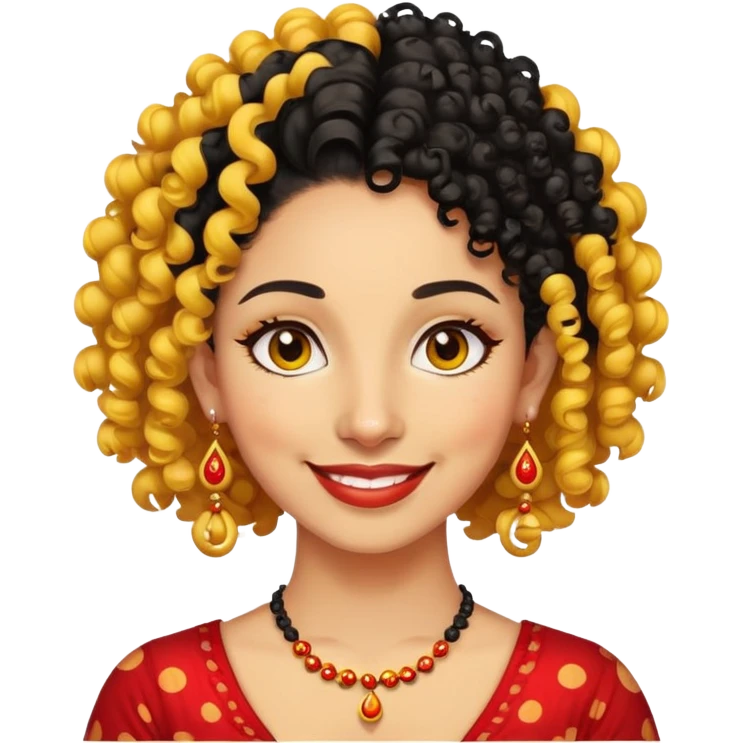 "- Phụ nữ
- 35 tuổi
- Da vàng
- Tóc đen xoăn nhẹ
- Có chấm đỏ Bindi, đeo khuyên tai
- Mặt cười
" emoji