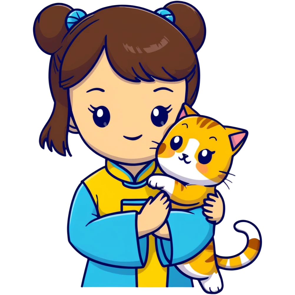 girl with brown hair and bangs wearing yellow qipao with a gray tabby cat emoji
