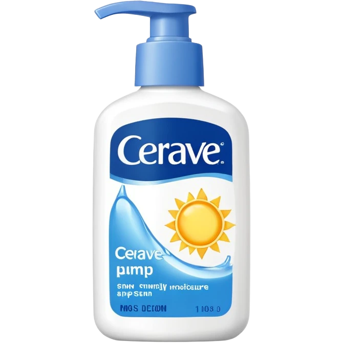 White CeraVe pump bottle with blue label and bright yellow  glow badge. Floating in golden morning light, encircled by radiant sunbeams and shimmering protective particles. A shield of light surrounds it like a solar barrier. Glossy, potion-like, symbolizing daily moisture and powerful sun defense. emoji