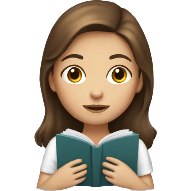 A girl with brown hair with a book emoji