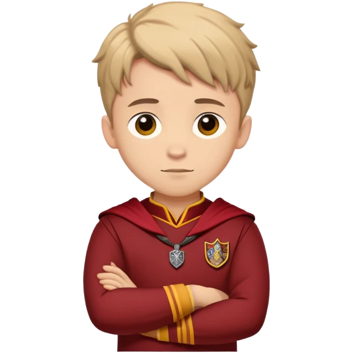 A young adult man slightly to the side looking forward with crossed arms wearing the Gryffindor uniform emoji